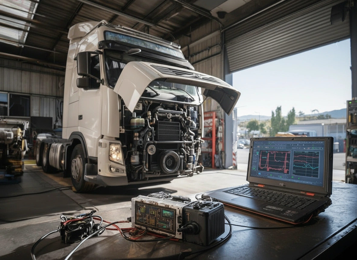 Visual of a Truck engine and laptop 